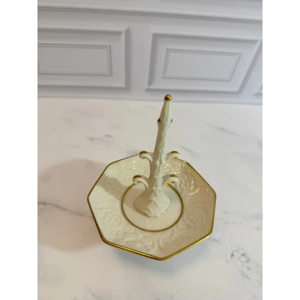 VTG Lenox Embossed Cream 24K Gold Porcelain Ring Dish Holder Tree 6